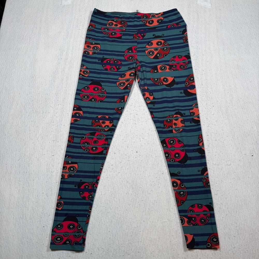 LuLaRoe Tall & Curvy Leggings Ladybug Stripe Teal Blue Red TC Plus Size